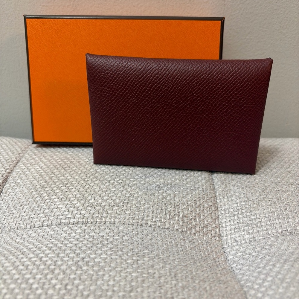 Hermes Pebbled Leather Card Case in Deep Burgundy